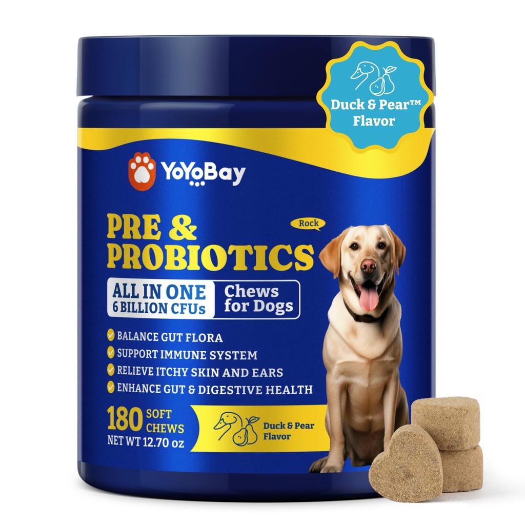Probiotika for hunder - Hundeprobiotika for digestiv helse, år, kløende hud, gut helse, immun og hud - 6 milliarder CFUs, 180 myke Chews, Duck & Pear Flavor - med prebiotika og digestive enzymer