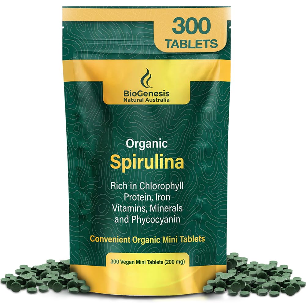 Biogenese Organic Spirulina Mini Tabletter – 300 greve (200 mg) Australsk voksende blå-grønn Algae | rik på Phycocyanin, Klorofyll & B vitaminer | støtter daglig energi og immunitet | Vegan Mini Tabs