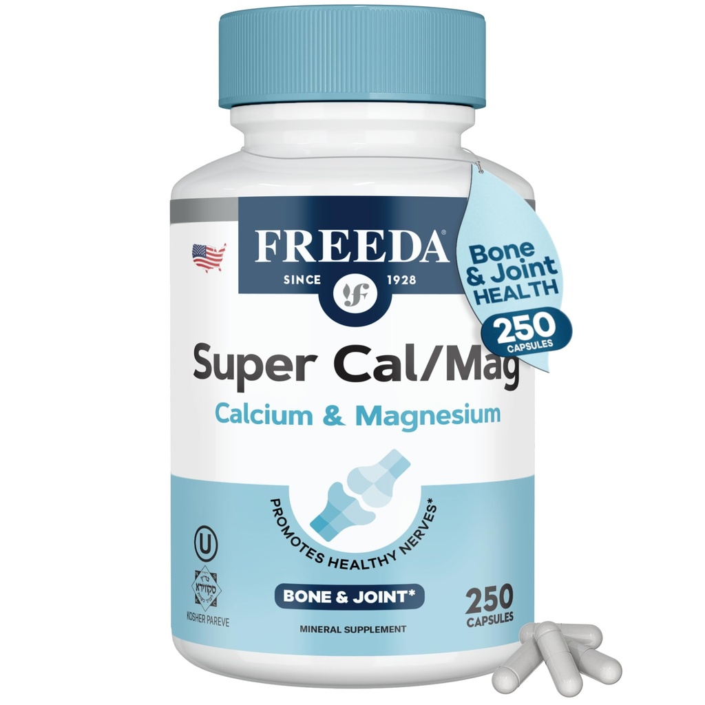 Freeda Super Cal/Mag – Kosher Vegansk Bein Helse Supplement – støtter beinstyrke, Nervefunksjon og muskelavslapping – Vegetarisk Kalsium Magnesium Kapsler – tredjeparts testet – 250 kapsler