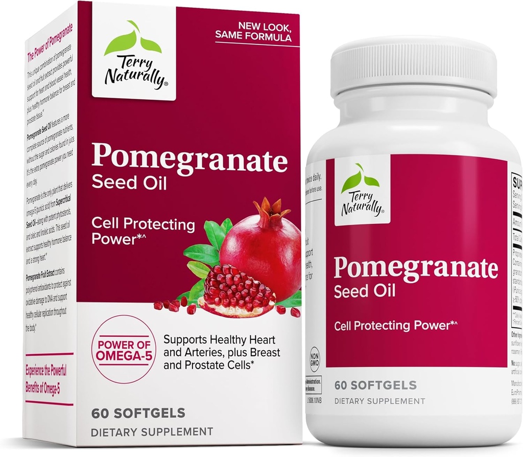 Terry Naturally Pomegranate Seed Oil - Diett Supplement til støtte kardiovaskulær helse - Herbal Non-GMO Supplement med Omega-5 & Pomegranate Extract - 60 Softgels