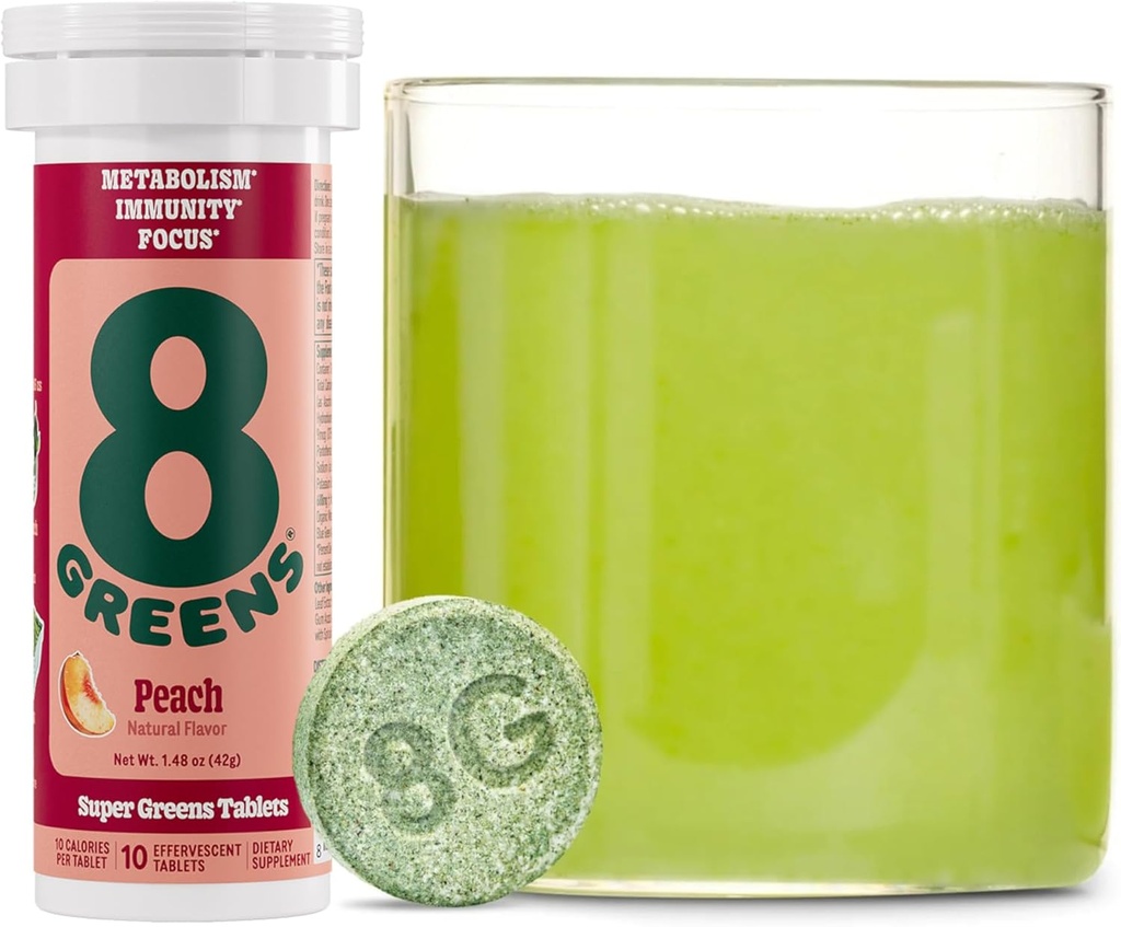 8Grønner Supergreens Tabletter | Super Greens pulver Superfood Tablett, Metabolisme Immunitet og fokus, Daglige Grønner Effervescent Tabletter, Organisk: Aloe Vera, Spirulina, Klorella, Peach, 10 Serveringer