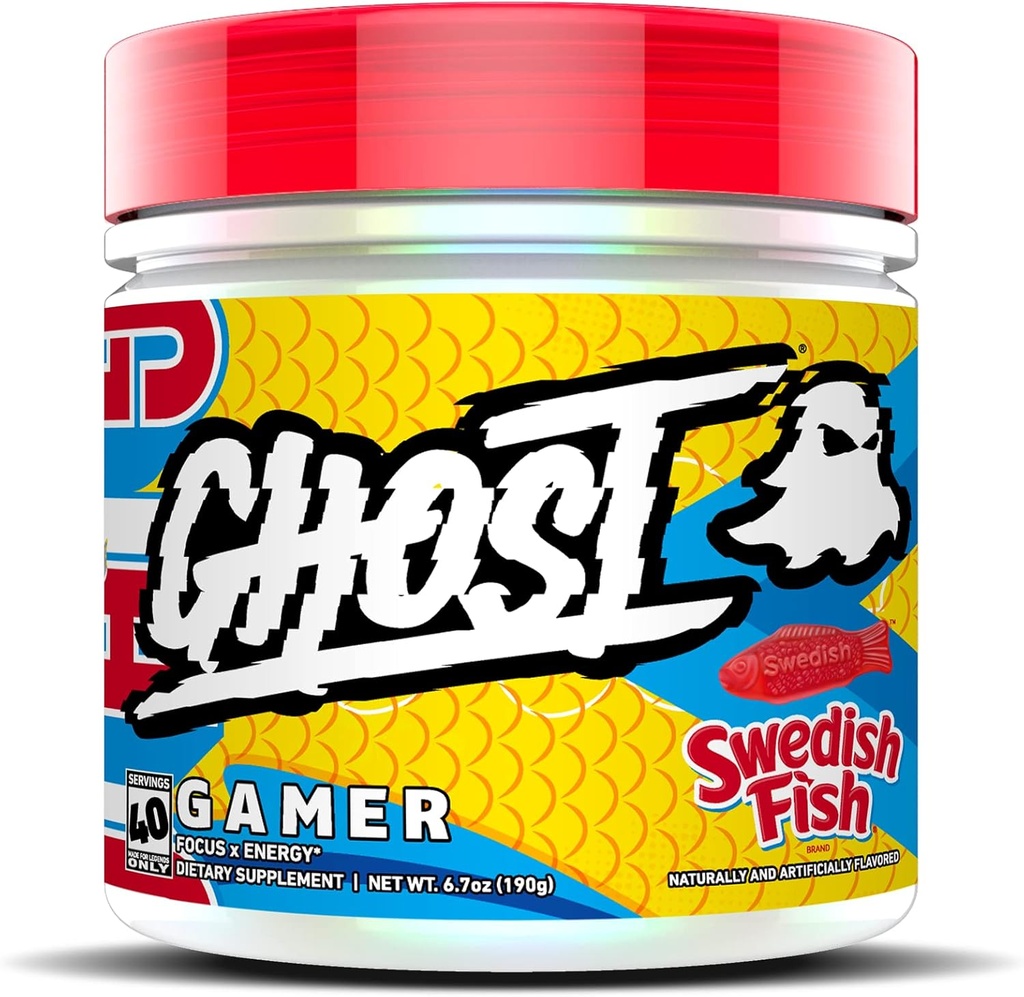 GHOST Gamer: Energi og fokus Støtte Formula - 40 Serveringer, svensk fisk - Nootropics & Naturlig Koffein for oppmerksomhet, nøyaktighet og reaksjonstid - Vegan, Glutenfri