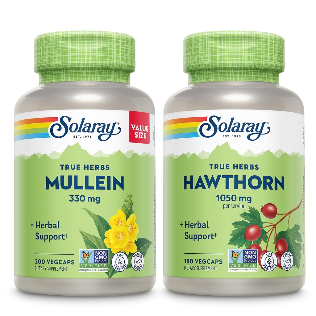SOLARAY Mullein Leaf 330 mg og Hawthorn Berry Capsules 1050 mg - Soothing Herbal Support Bundle for generell helse og velvære - Vegan, ikke-GMO, 60-dagers garanti, Lab Verifisert, 200/180 Vegkaps