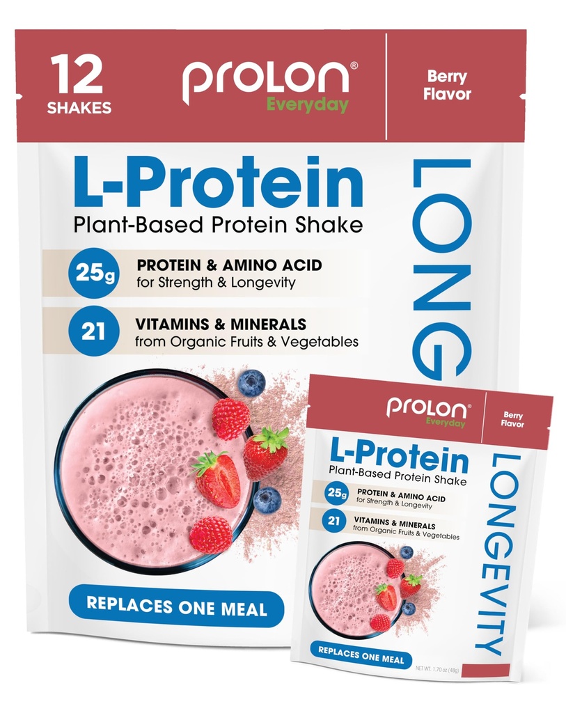 Prolon Longevity Plante Basert Protein pulver | Muskelsyntese & Reparasjon, Sunn aldring, Økt ytelse | Vitaminer, Glutenfri, Aminosyrer, Antioksidanter | 25g protein | Berry, 12 pakker