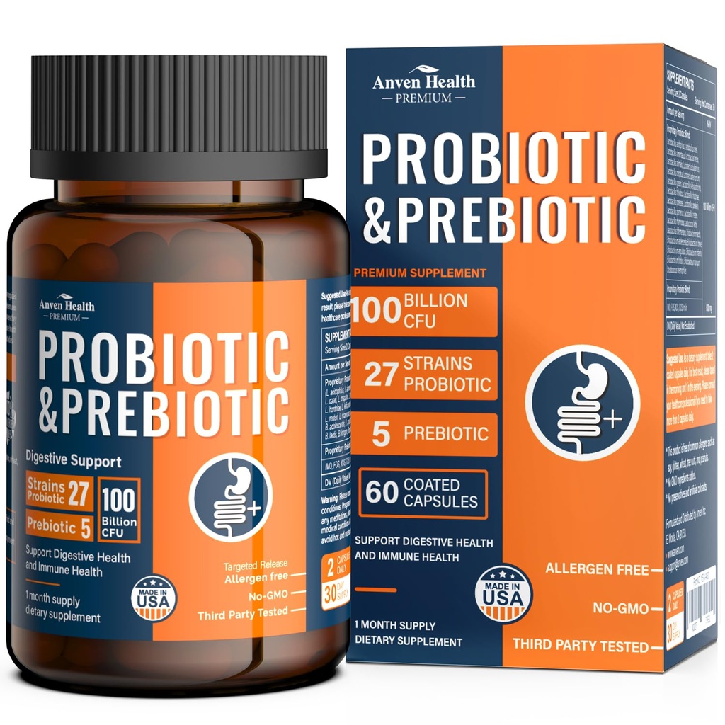 100 milliarder probiotika for menn og kvinner 27 Strainer 5 organiske prebiotika for Gut Digestive & Immune Health, støtter diarré Gass Bleating, Ikke-GMO, Zero Fillers – laget i USA丨60 Caps