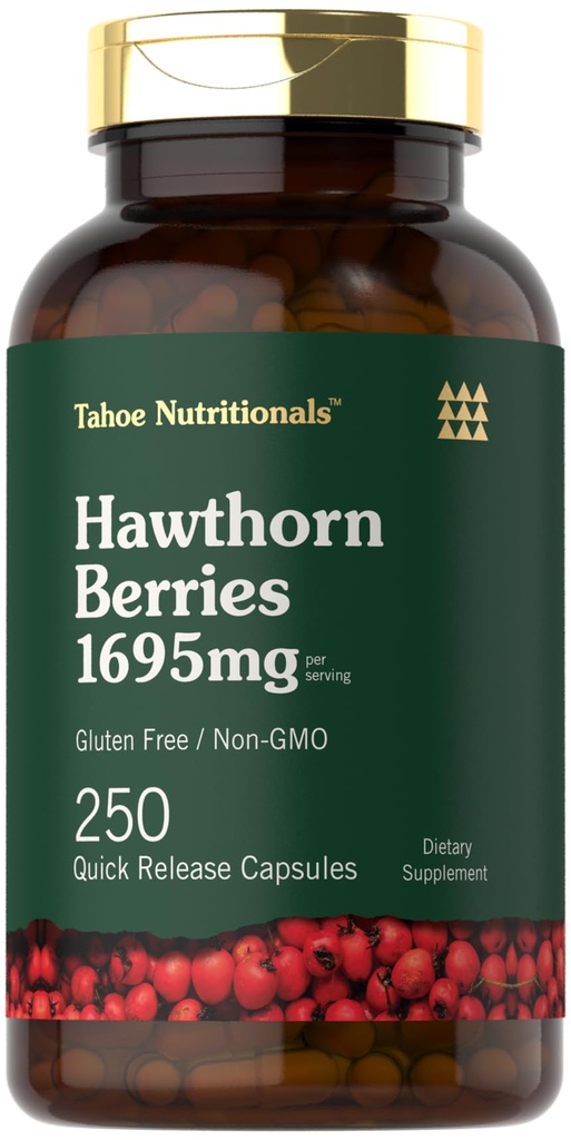Tahoe Nutritionals Hawthorn Berry Capsules | 1695mg per servering | 250 Count | Ekstrakt Supplement for kvinner og menn | Ikke-GMO, Glutenfri ekstrakt