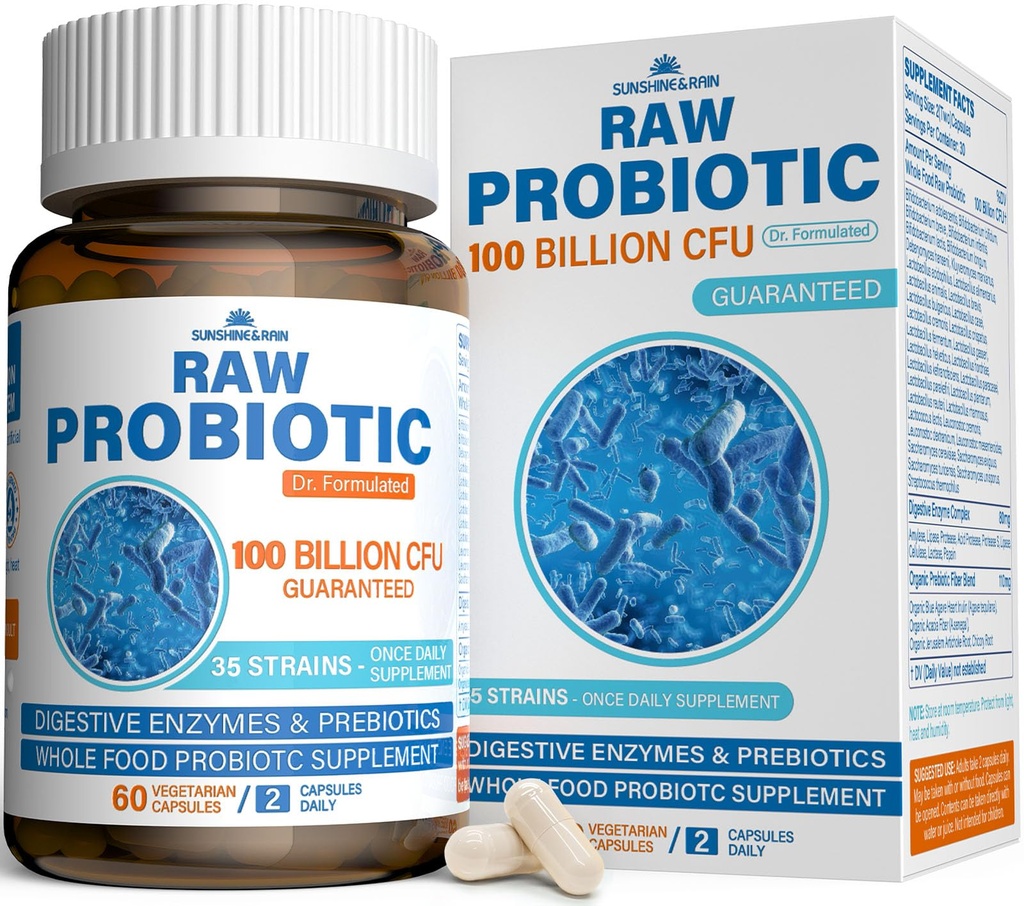 Rå probiotika for kvinner og menn - 100 milliarder CFU, 35 Strains, organiske prebiotika og naturlige digestive enzymer for digestive, Gut & Immune Helse - Dairy, Soja og Glutenfri, Ikke-GMO, 60 Vegan Kapsler