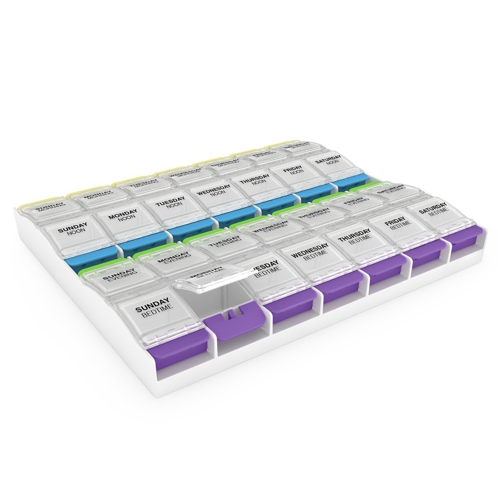 EZY DOSE ukentlig (7-dagers) pilleorganisator, vitaminbeholder, og daglig medisinplanlegger, 2X-store trykkknappsammenlikninger, artrittvennlig, enkel å bruke, 4 ganger om dagen, Clear Lids, BPA Gratis