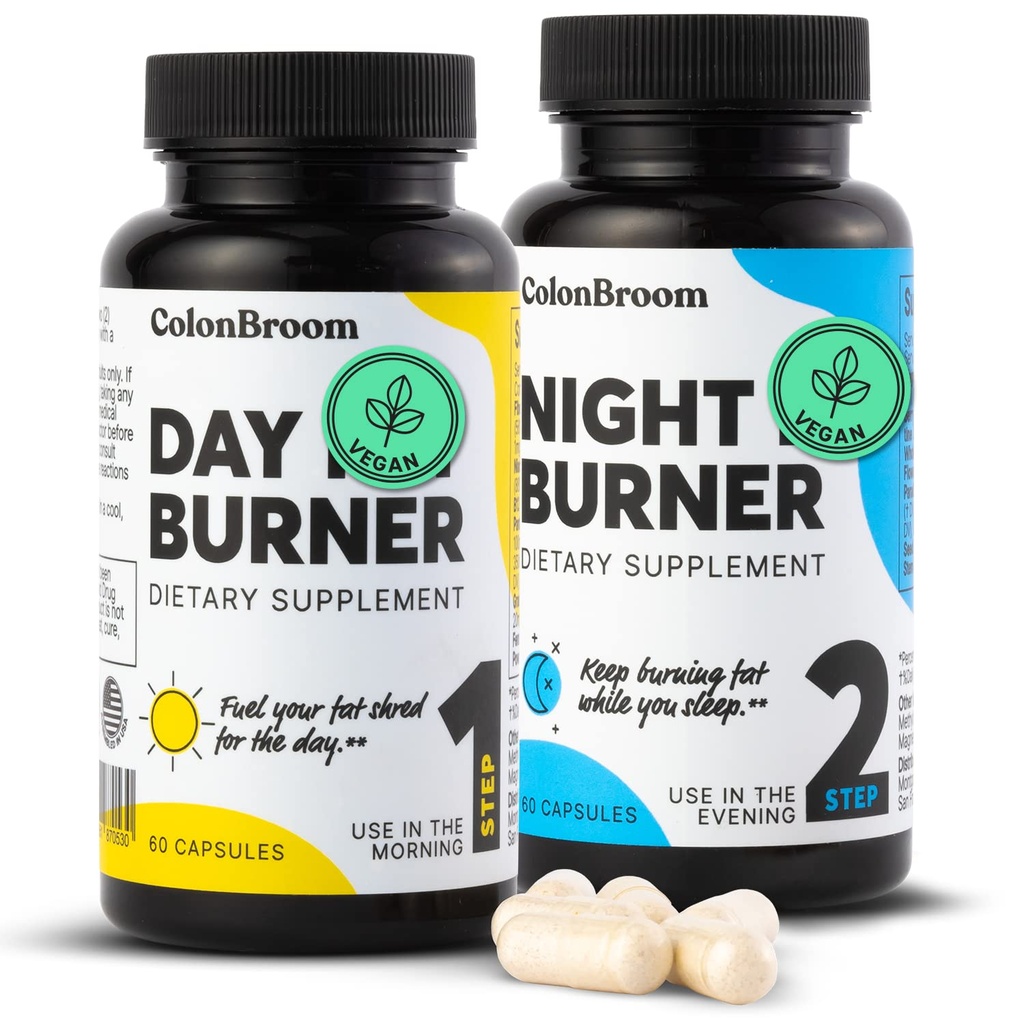 ColonBroom Day & Night Burner Supplements, Pills for Women/Men with Inulin, L-carnitine, Coenzyme Q 10, Grain of Paradise and More, Colon Broom 60 Vegan Capsules Per Container