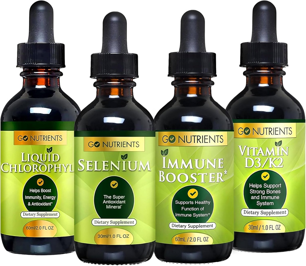 Go Nutrients Cold & Immune Bundle - Selenium, vitamin D3/K2, Immun Booster, Flytende Klorofyll – Kraftig støtte for immunsystemet, styrker kroppens forsvare, kjerne og vitalitet, styrke pusten