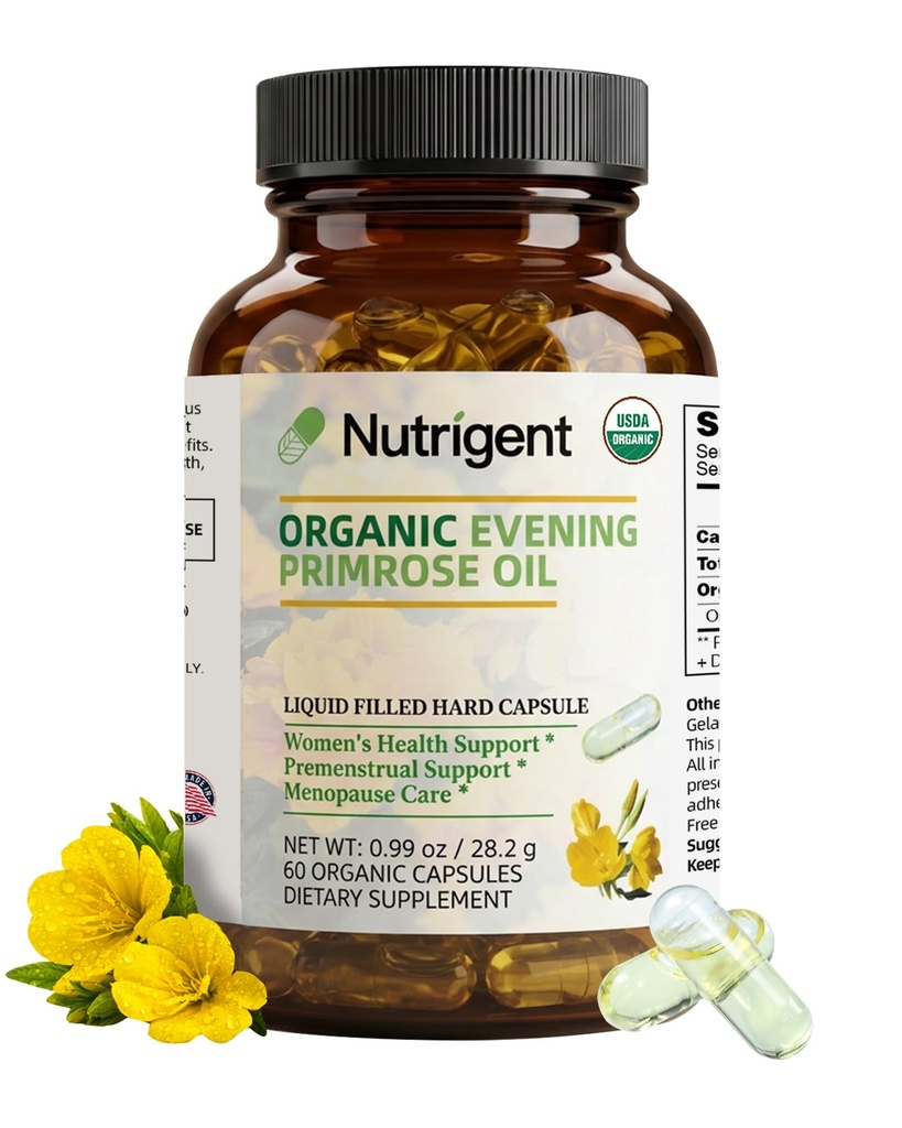 Organic Aften Primrose olje Supplement, 940 mg 100% ren med 10% GLA, høy absorpsjon flytende organiske kapsler, fremmer kvinners helse og hud helse, kalde presset, 60 tel