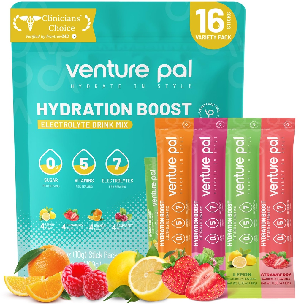 Venture Pal Sukker Gratis Elektrolyte pulver pakker - flytende daglig IV drikke blanding for rask hydrasjon og fest utvinning | 5 vitaminer og 7 elektrolyter | keto vennlig | Ikke-GMO | Certified Vegansk | 16 Sticks