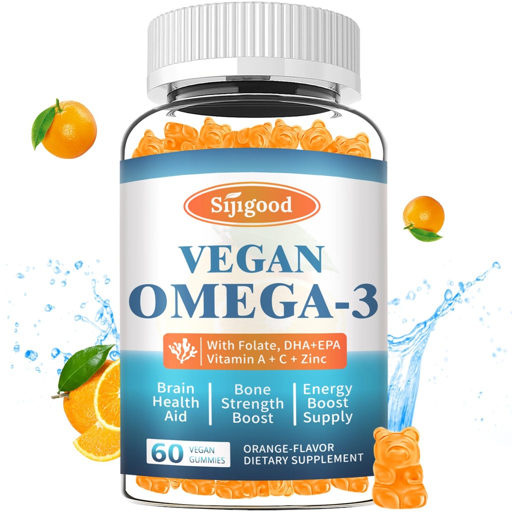 Omega-3 Gummies Potent Algae Omega Kilde, Boost Brain, Eye & Immune funksjon, med DHA og EPA Vegan & Sukker Gratis, Orange Flavor, 60 greve
