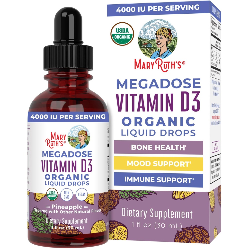 MARYRUTHs Vitamin D3 flytende dråper Megadose 4000 IE USDA organisk flytende D-vitamin Spray for voksne og barn | Immun støtte og bein helse | Vegan | Glutenfri | Ikke-GMO | 30 Services