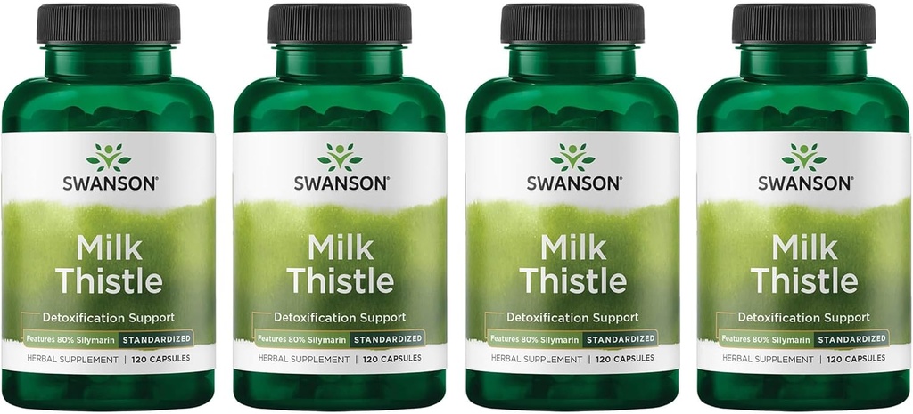 Swanson Milk Thistle (Standardisert) - Herbal Liver Support Supplement v/ 80% Silymarin - Naturlig formel som hjelper til å opprettholde generell helse og velvære - (120 kapsler) (4 pakke)