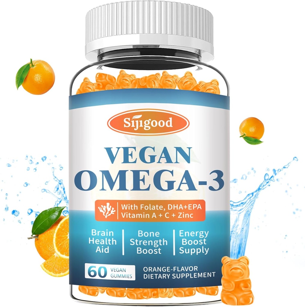 Omega-3 Gummies Potent Algae Omega Kilde, Boost Brain, Eye & Immune funksjon, med DHA og EPA Vegan & Sukker Gratis, Orange Flavor, 60 greve