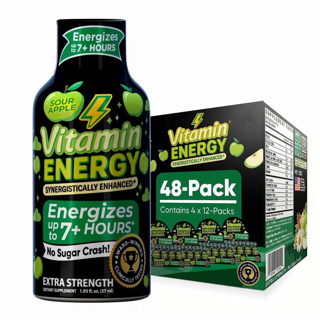 Vitamin energi trening + ekstra styrke energi Shot Sour Apple 48 Pack, 260mg naturlig kaffe, pre-workout, B-vitaminer, mineraler, utholdenhet og ytelse, null sukker, glutenfri, Vegan, 1,93 fl oz