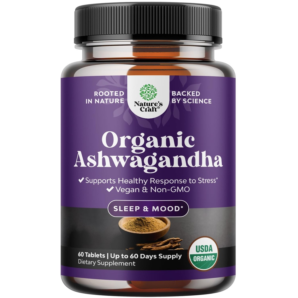 Høy styrke organiske Ashwagandha Supplements - Ashwagandha organiske tabletter for Mood Support & Hormon Balance for kvinner og menn - Root Extract pulver med svart pepper for bedre absorpsjon - 60 Ct