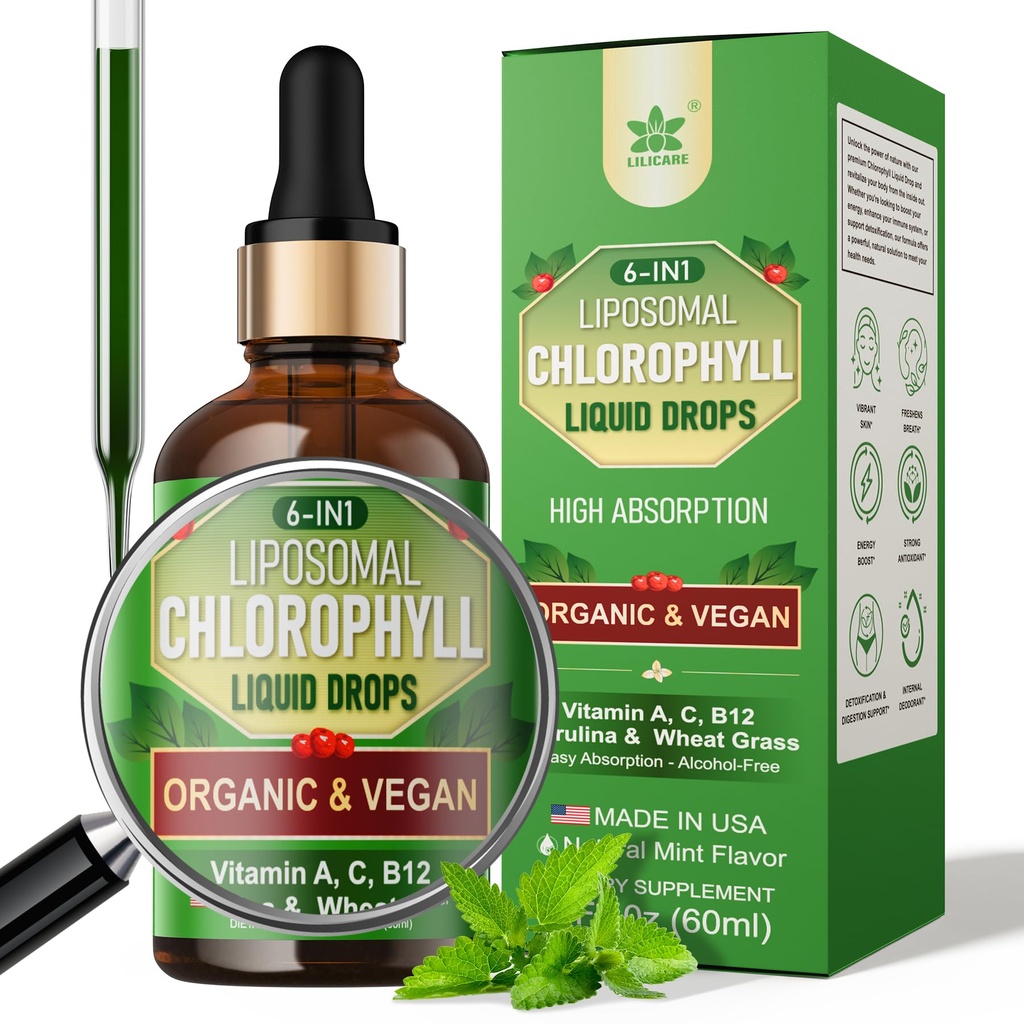 Økologisk klorofyll flytende dråper Liposomal for kvinner og menn, 6-i-1 Grønn Supermat Vegansk klorofyll v/Spirulina, hvetegras, vitamin C B12 A for intern deodorant*, energi,Digestiv,1Packs/2 Fl Oz