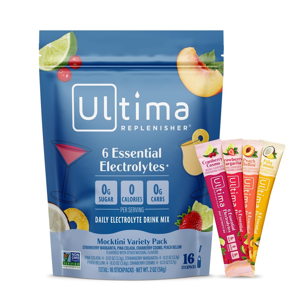 Ultima Replenisher Daglig Electrolyte Powder Drink Mix – Sukkerfri – Mocktini Variety, 16 Stickpacks – Hydration Packets med 6 nøkkel elektrolyter og spormineraler – ketovennlig, ikke-GMO