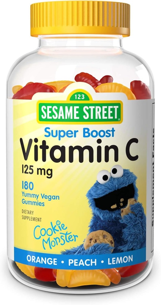 Webber Naturals Sesame Street Vitamin C Gummies for barn 2+, 125 mg vitamin C per gummy, 6 måneders forsyning, gratis av gluten, meieri, peanøtt og gelatin, immunstøtte, 180 gummier