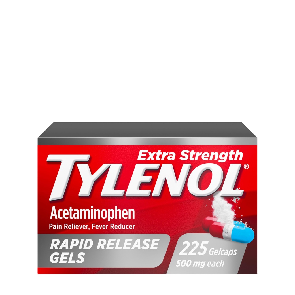 Tylenol ekstra styrke acetaminophen Rapid release geler, smertefriere og feber Reduser medisin, gelkaps med Laser-Drilled Holes, 500 mg acetaminophen, 225 greve