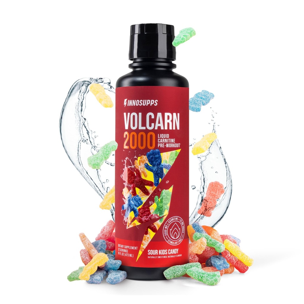 InnoSupps Volcarn 2000 - L-CARNITINE Advanced Energy Liquid ® ATP Enhancementer with GBEEC ® Øker energi, Forbedringer Fokus, Koffeinfri, Ingen kunstige søtningsmidler ® 32 Serveringer (Sour Kids Candy)