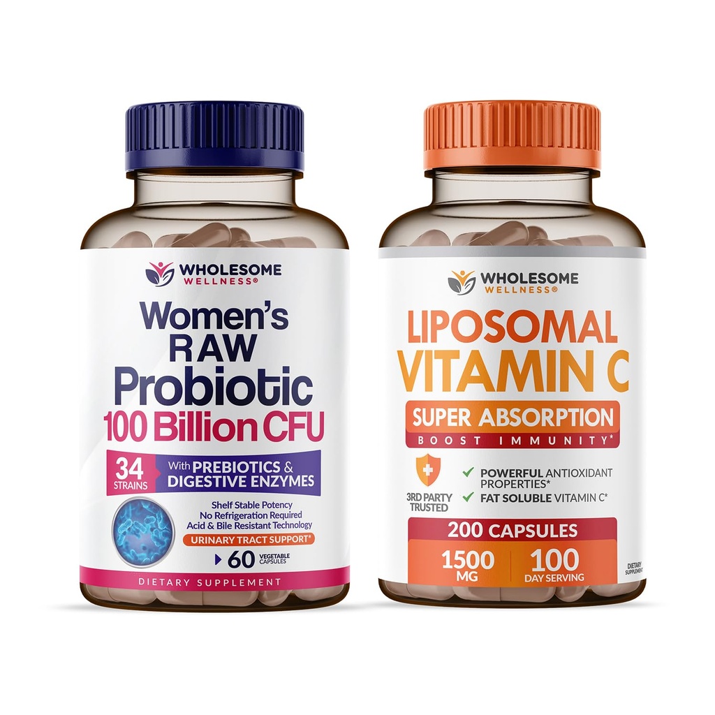 Helsom wellness probiotika for kvinner 100 milliarder CFUs med prebiotika, digestive enzymer + liposomal vitamin C kapsler høy absorpsjon, askorbinsyre Supplement Bundle
