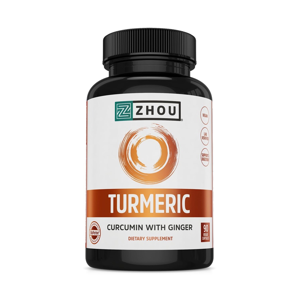Zhou Turmeric Curcumin med Ginger - Turmeric og Ginger Supplement for kvinner og menn, Curcuminoids med Black Pepper Extract for Digestion og Digestive Helse - 90 Veggie Capsules