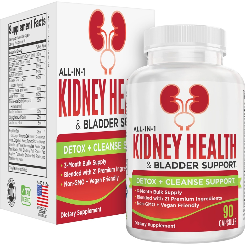 Nyre & Bladder (3-måneder) Helsestøtte Supplement | All-in-1 Urin Tract Kosttilskudd med 21 aktive ingredienser | Njurrengjøring Detox støtte næringsstoffer | 90-dagers bulkforsyning | 90 kapsler