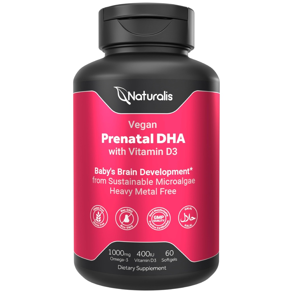 Naturalis Vegansk Prenatal med full Specrum Omega-3 | Algae DHA, EPA, DPA, vitamin D3 & aktiv Folat L 5-MTHF | Vegansk samfunn sertifisert, Sustainablely Sourced, ikke-GMO og soya gratis | 60 Veggie Softgels