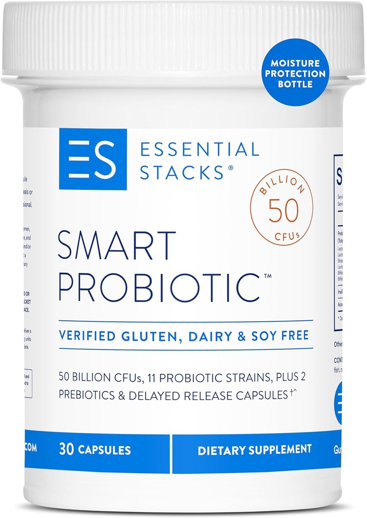 Essential Stacks Smart Probiotic - 50 milliarder CFUs, 11 probiotiske Strains, 2 prebiotika, forsinket releasekapsler - En daglig probiotiske Prebiotic For kvinner og menn (30 kapsler)