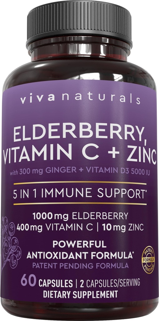 Viva Naturals Black Elderberry med vitamin C og sink for voksne (60 greve) - Sambucus Elderberry Immune Support Supplement, Black Elderberry Capsules for voksne, Elderberry Supplements for kvinner