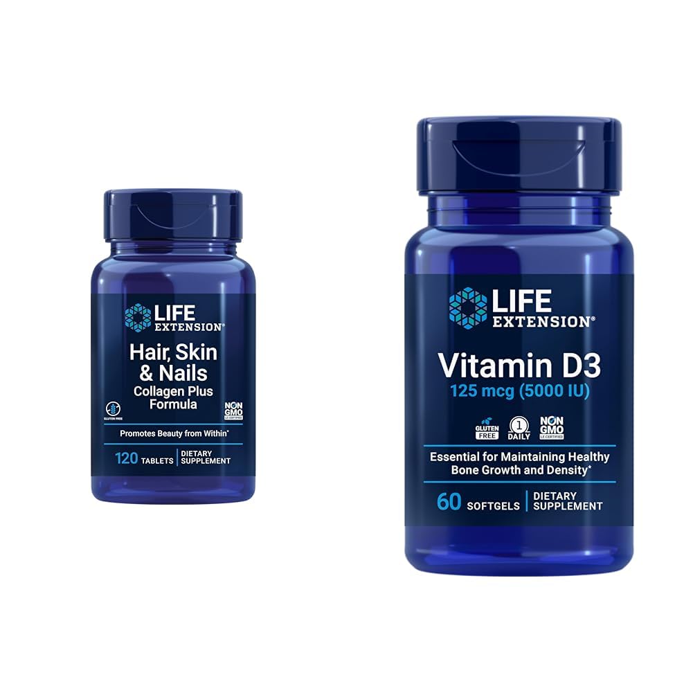 Livsforlengelse Hår, Hud og negler Collage Plus Formel med vitamin D3 5000 IU - fremmer collagen, keratin, bein, hjerne, immun og negle helse - 120 greve og 60 Softgels