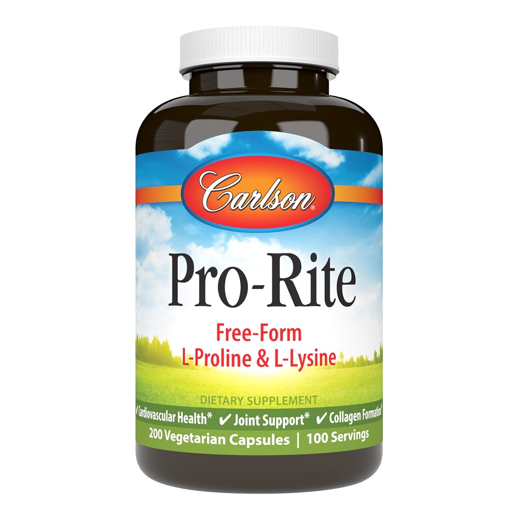Carlson - Pro-Rite, Free-Form L-Proline & L-Lysine, helse, felles støtte og kollagenformasjon, 200 kapsler