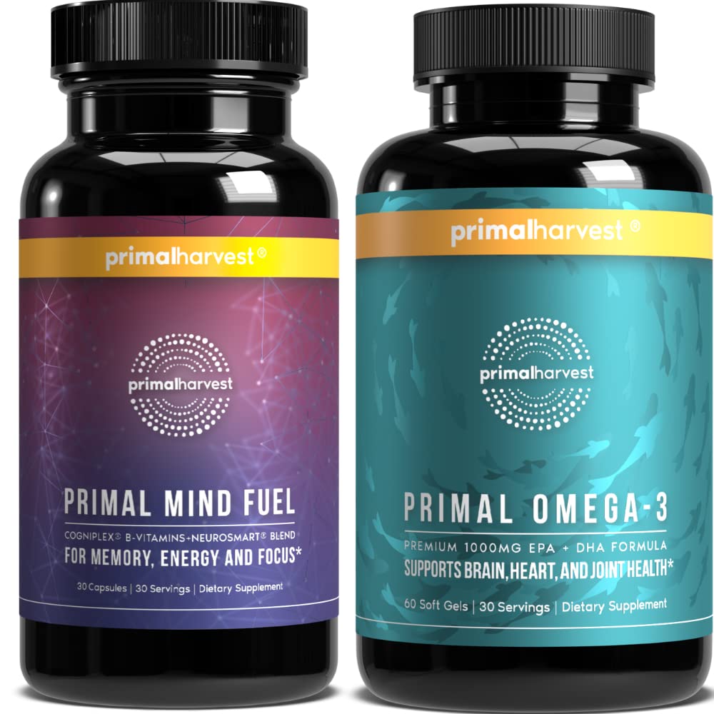 Primal Harvest Mind Drivstoff & Omega 3 Kosttilskudd for kvinner og menn Fish Oil Capsules and Mind Drivstoff Brain Booster Piller Bundle