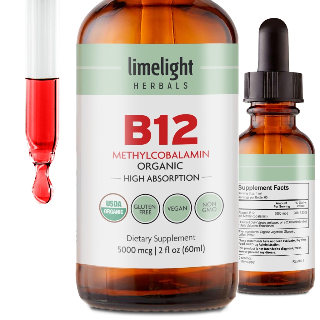 USDA organisk vitamin B12 flytende dråper – 5000 mht. methylkobalamin – sublingualt, rasktabsorberende vegansk kosttilskudd – energi, metabolisme, hjerne, hjerte- og immunstøtte – alkoholfri, 60 serveringer, USA laget