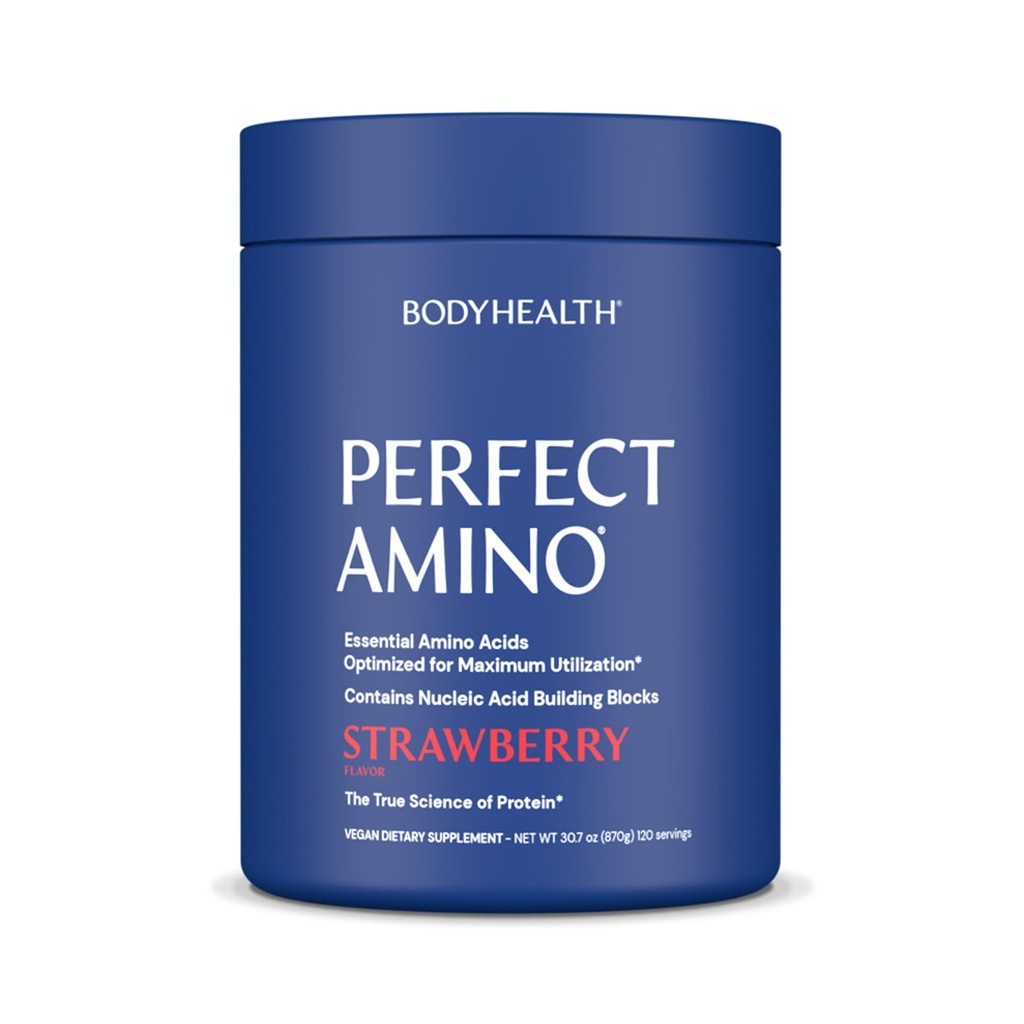BodyHealth PerfectAmino pulver - BCAA og EAA pulver for pre og post trening - Amino syre energi drikke for menn og kvinner å støtte lean muskel og gjenoppretting - Jordbær - 120 serveringer