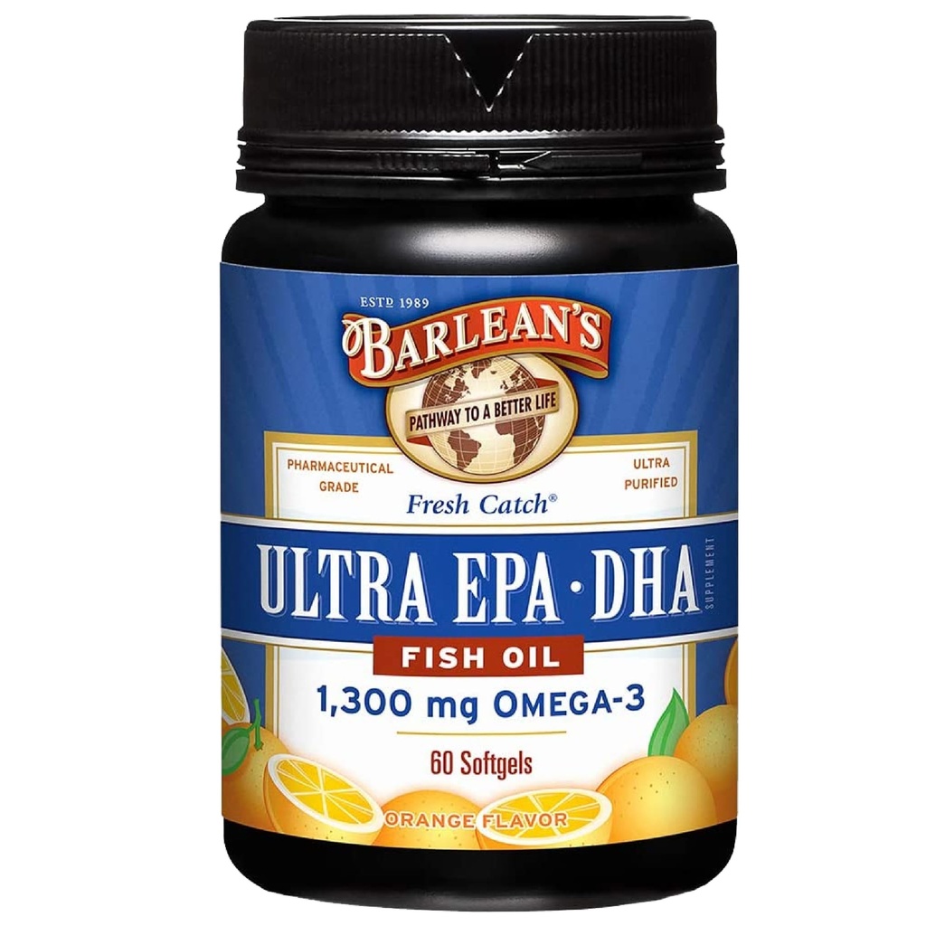 Barlean Omega 3 Fish Oil Supplements, Supplement Softgels for menn og kvinner, 1300 mg Ultra EPA og DHA fettsyrer, oransje flavored, 60 greve