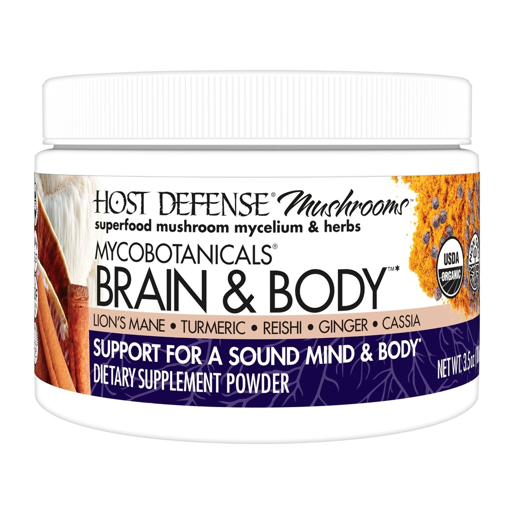 Host Defense MycoBotanicals Hjerne & Kropp* pulver - Digestiv og immun støtte Supplement med Lions Mane & Reishi Mushroom - Brain Supplement for å støtte minne & fokus - 3,5 oz (33 Serveringer)*