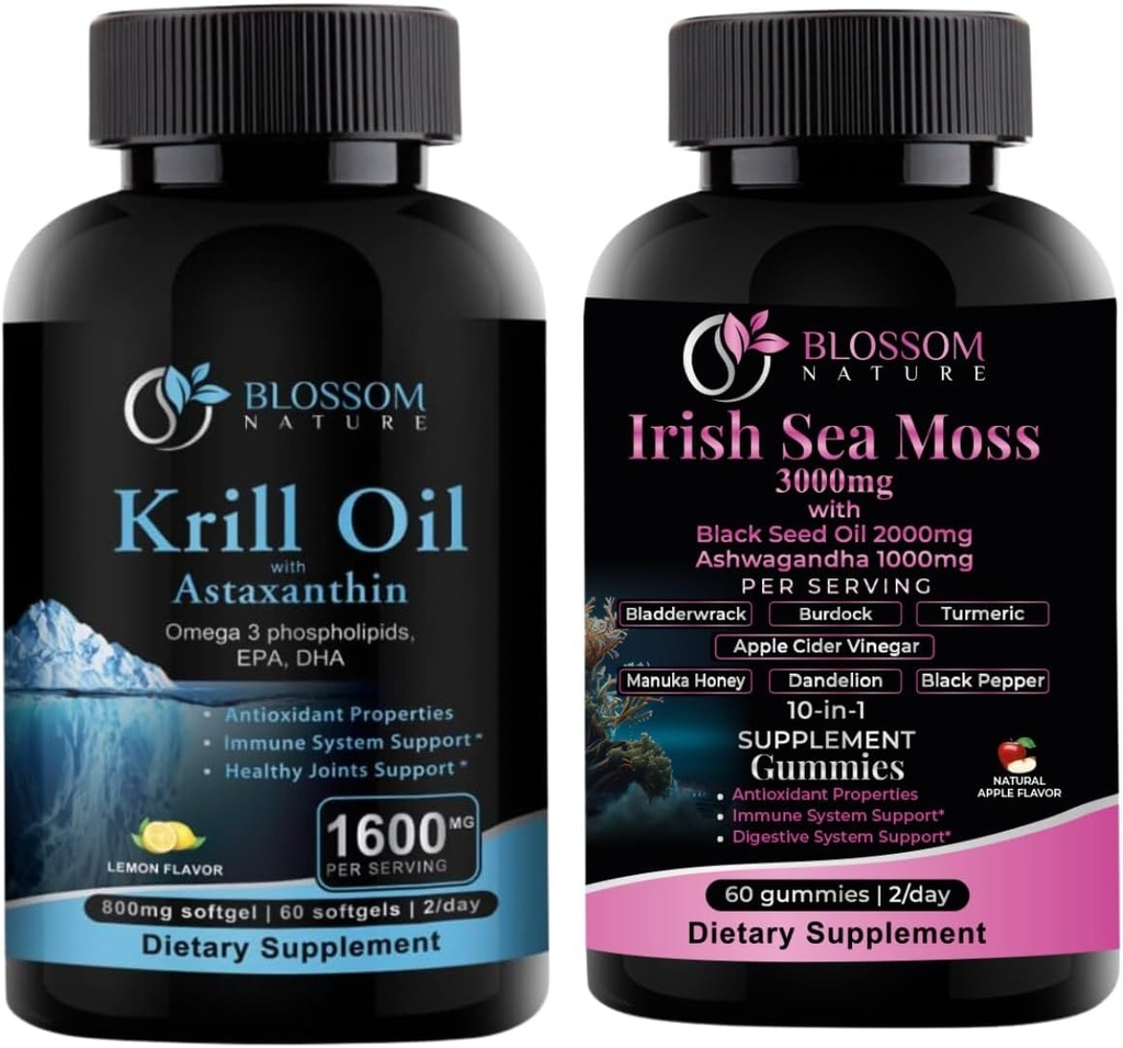 Antarktis krill olje 1600mg med Astaxanthin 2mg og irsk hav Moss Gummies 3000mg med svart frøolje og Ashwagandha 2000mg