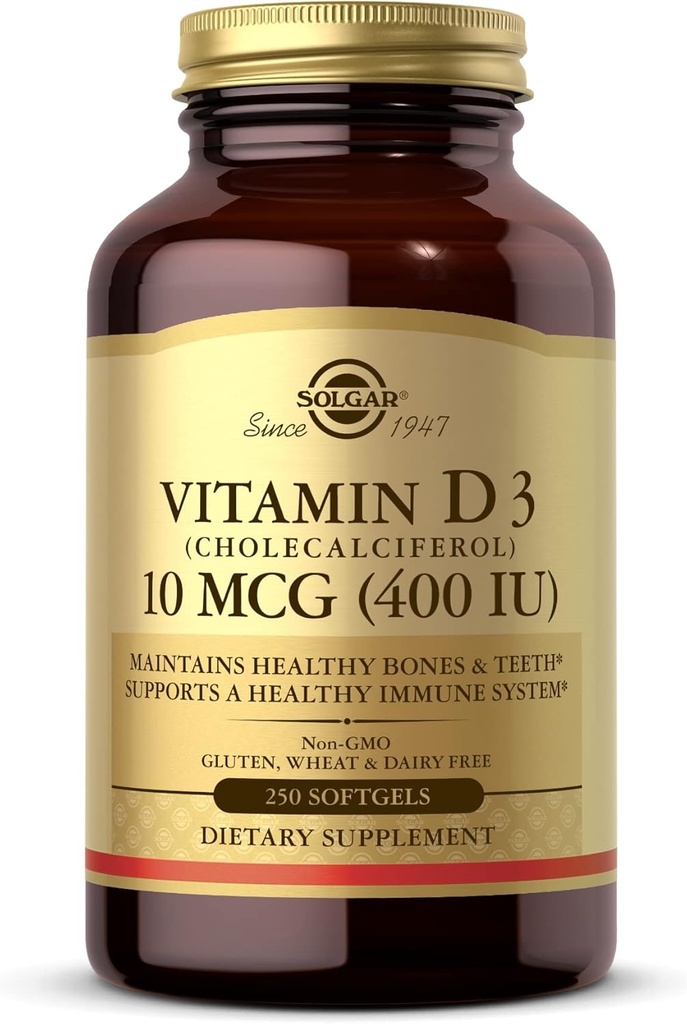 Solgar vitamin D3 (Cholecalciferol) 10 MCG (400 IE), 250 Softgels - Hjelper å opprettholde sunne bein og tenner - Immunsystemstøtte - Ikke-GMO, Glutenfri, Dairy Free - 250 Services