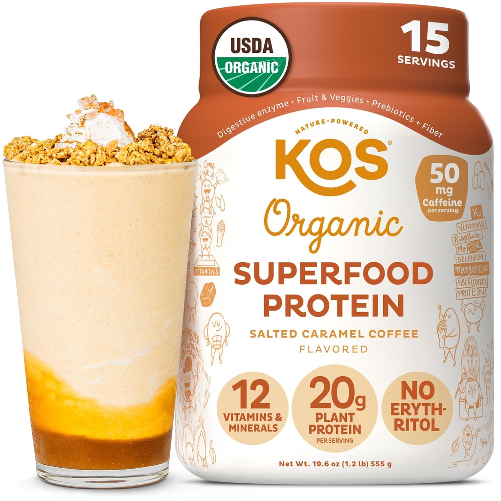 KOS Vegan Protein pulver, saltet karamell kaffe - Lav karbohydratblanding, organisk plante supermat rik på vitaminer og mineraler - keto, maleri gratis - Måltid erstatning for kvinner og menn - 15 serveringer