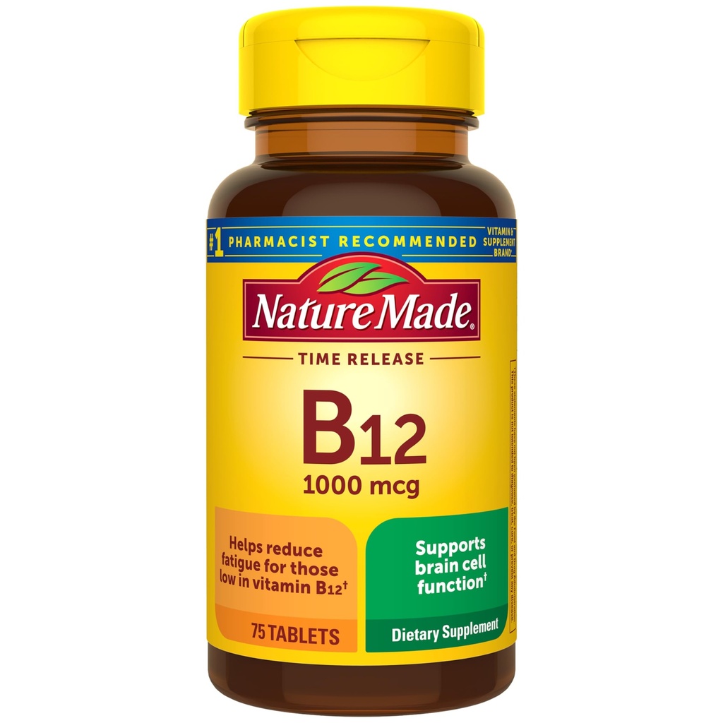 Naturlaget vitamin B12 1000 mcg, kosttilskudd for energimetabolisme støtte, 75 tids frigjøring tabletter, 75 dagers forsyning