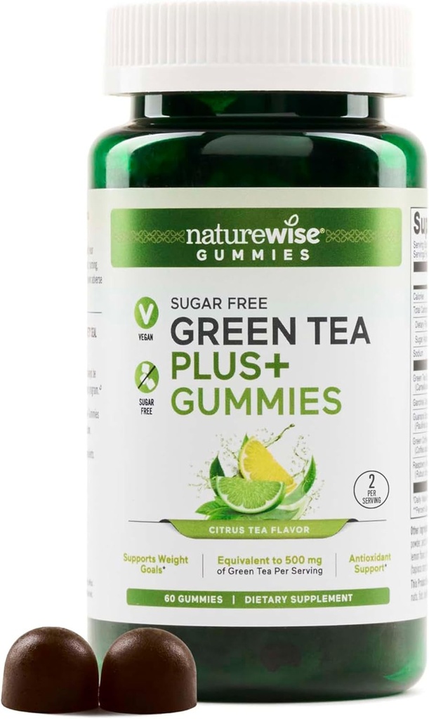 NatureWise Grønn Te Gummies - Keto, Sukker Gratis - Støtter Fitness mål for kvinner og menn - 500 mg Grønn Te + bringebær ketoner, Garcinia Cambogia - Vegan, No Gluten - 60 greve[1-måneders forsyning]