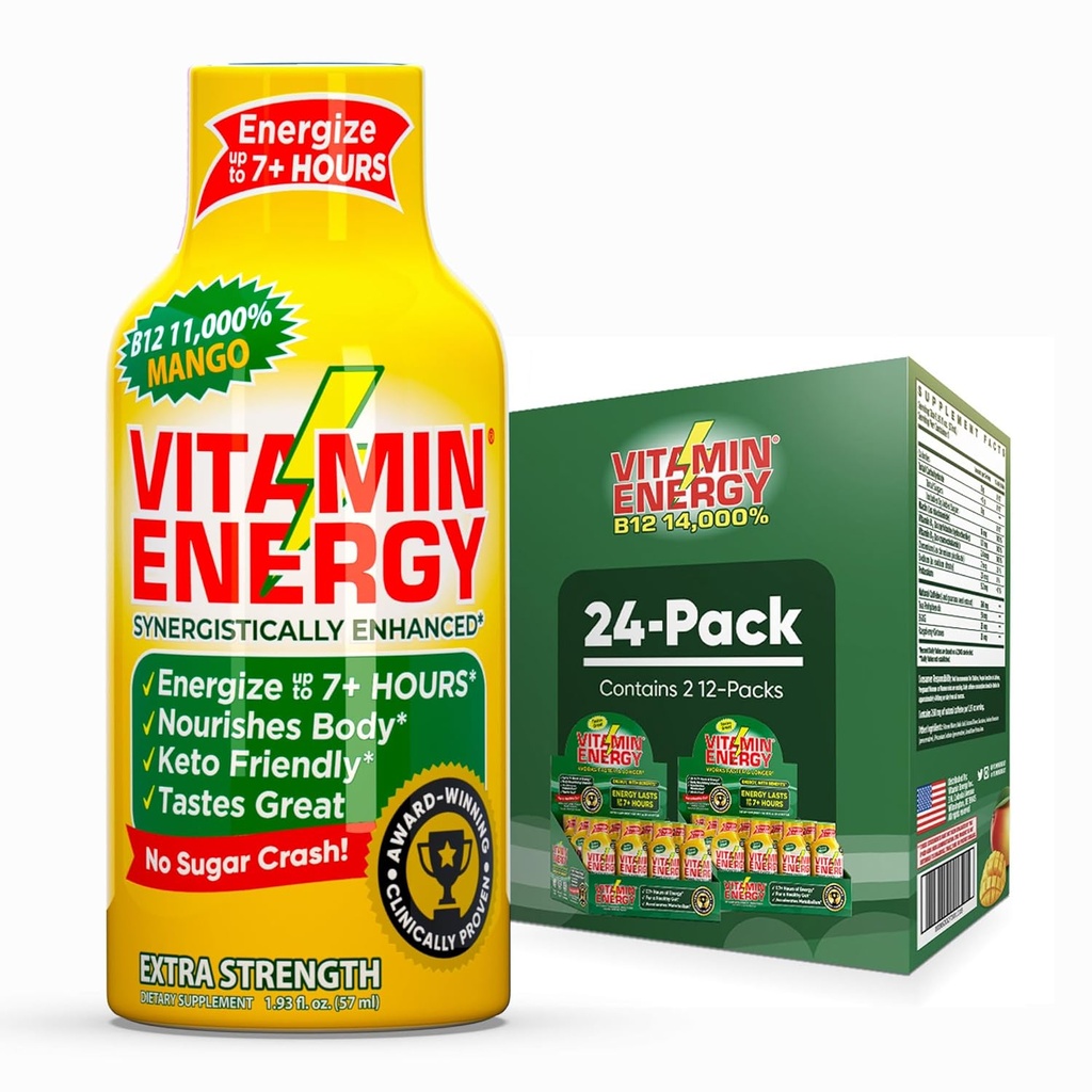 Vitamin energi B12 11 000% Ekstra styrke energi Shot Mango 24 Pack, 260mg naturlig koffein, B12 & B6, nootropisk fokus, vitalitet, null sukker, glutenfri, vegansk, Kosher, 1,93 fl oz