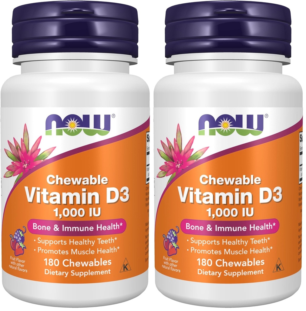 NU Kosttilskudd, vitamin D-3 1000 IU, naturlig fruktflavor, strukturell støtte*, 180 Chewables (pakke på 2)
