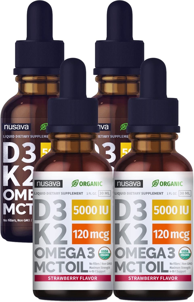 (4 Pakke) Vitamin D3 K2 Drops Unflavored & Strawberry Flavor Bundle - Maksimal styrke D-vitamin flytende 5000 IU med MCT olje Omega 3 - Ingen fyllstoffer, ikke-GMO flytende D3 for immunstøtte, 2 Fl Oz Hver