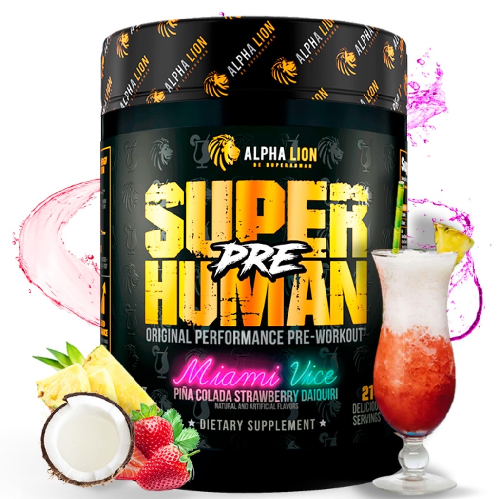 ALPHA LION Superhuman Pre Workout pulver, Beta alinine, L-Taurin & Tri-kilde koffein for regenerert energi og fokus, Nitric Oxid & Citrullin for pumpe (21 Serveringer, Miami Vice)