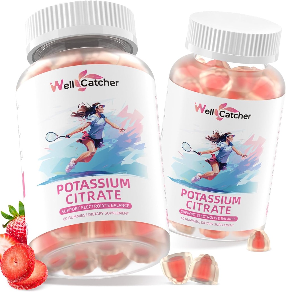 Kalium Citrate Gummies for voksne kvinner - høy Kalium Supplement 500 MG sukker gratis støtte Electrolyte Balance Ben Cramps Vegansk Ikke-GMO Organisk Jordbær Flavor 2 pakker